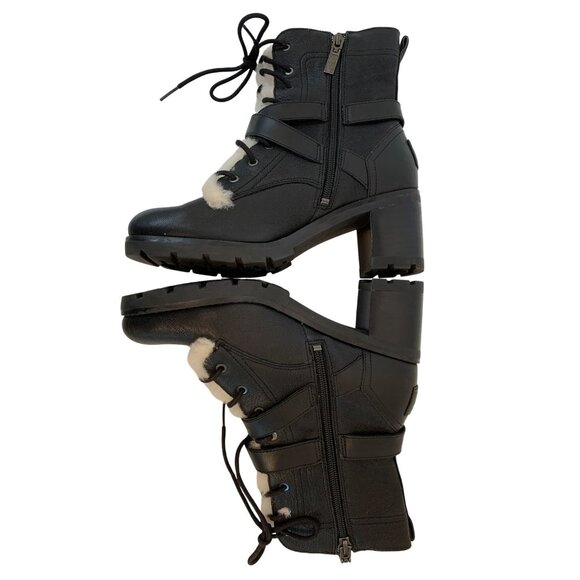 UGG Ingrid Biker Black Leather Sheep Skin Ankle Boots Lace Up Buckle Sz 7 9018 - Picture 5 of 9